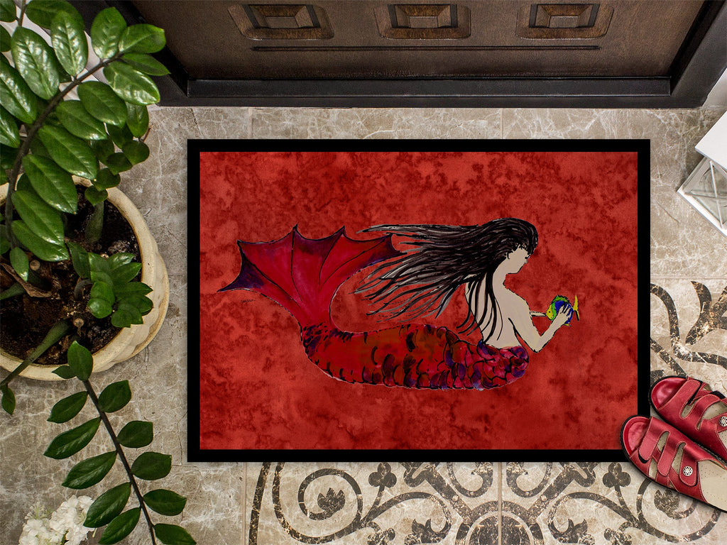 Black Haired Mermaid on Red Doormat Indoor Outdoor 24H X 36W Front Door Mat Rugs for Entryway, Non Slip Washable Low Pile,