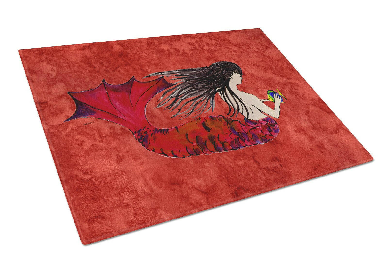 Black Haired Mermaid on Red Cutting Board Tempered Glass Kitchen Cutting Surface, Heat Resistant Chopping, Non-Slip Feet, Food Prep & Serving