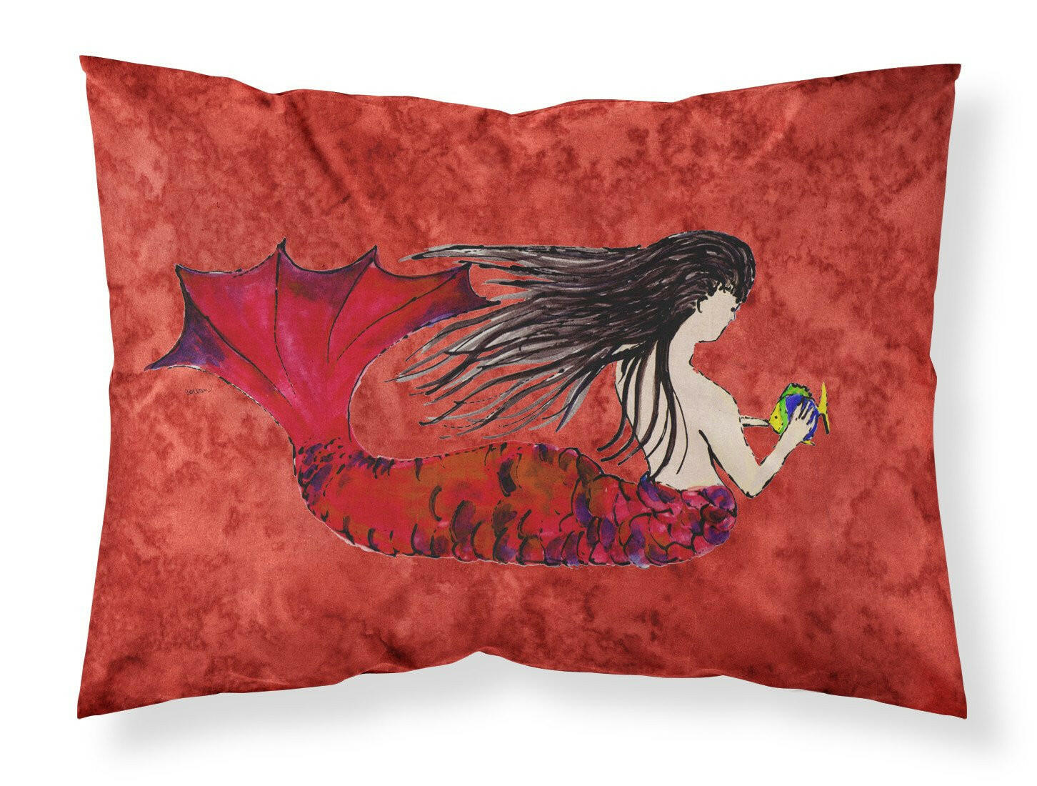 Black Haired Mermaid on Red Standard Pillowcase Lightweight Super Soft Easy Care Decorative Artwork Pillowcase, Standard