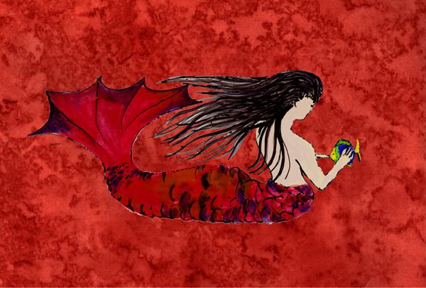 Black Haired Mermaid on Red Fabric Placemat Washable Placemat Dinner Table Decor No Ironing Linen Look