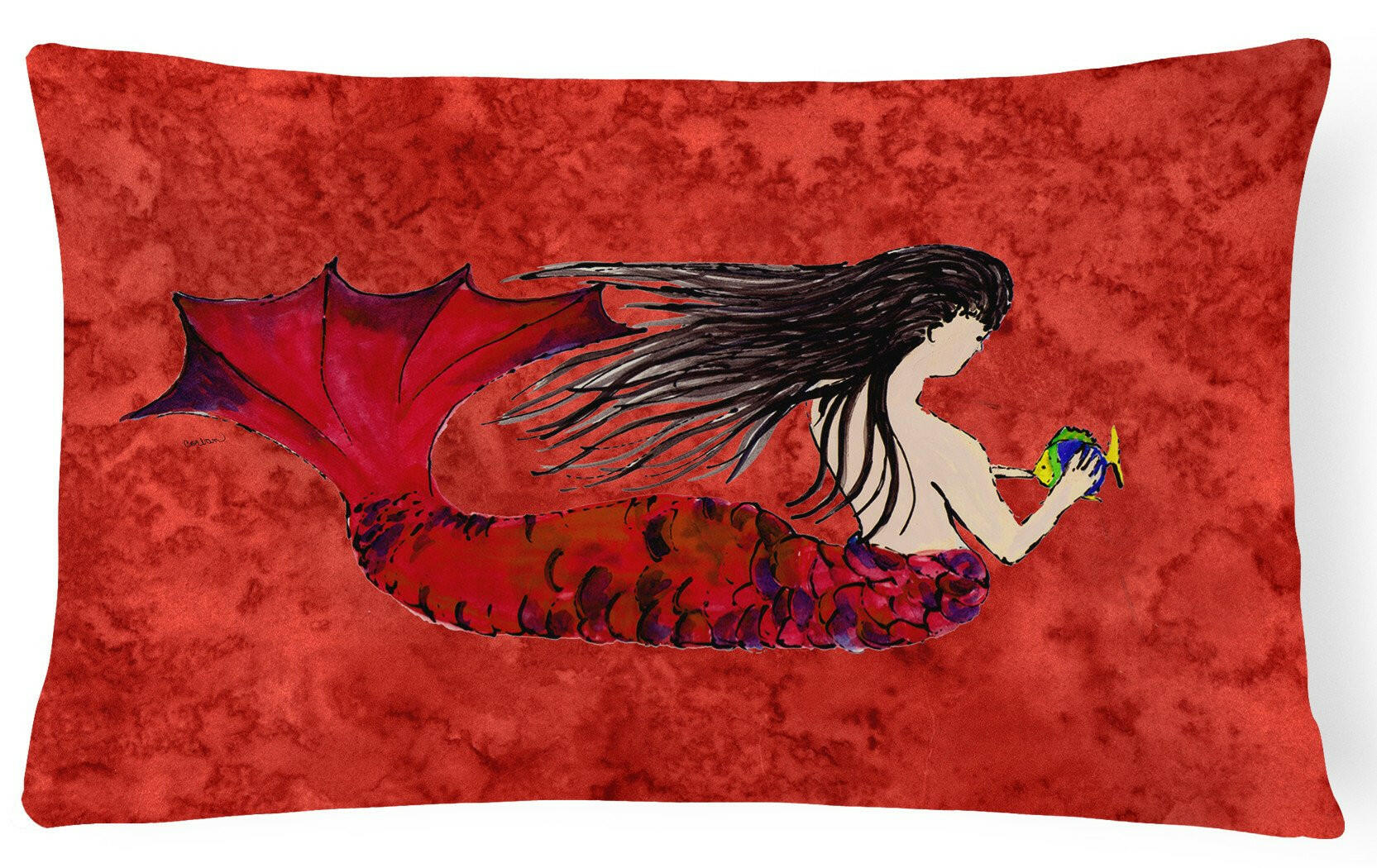 Black Haired Mermaid on Red Decorative Throw Pillow 12x16 Indoor Outdoor Accent Cushion, Fabric Cover with Insert for Sofa, Bed, Porch & Living Room