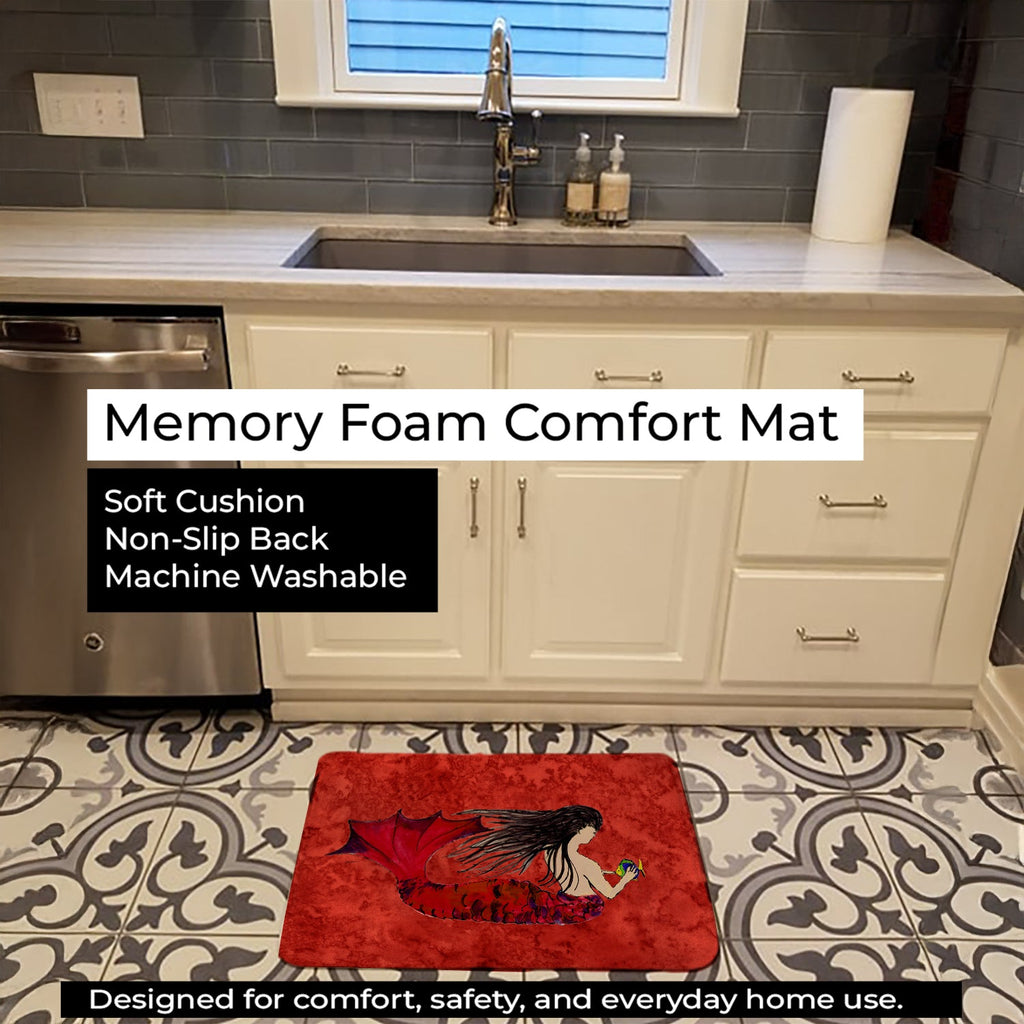 Black Haired Mermaid on Red Memory Foam Kitchen Mat Machine Washable Anti-Fatigue Cushion Comfort Bath or Kitchen Rug