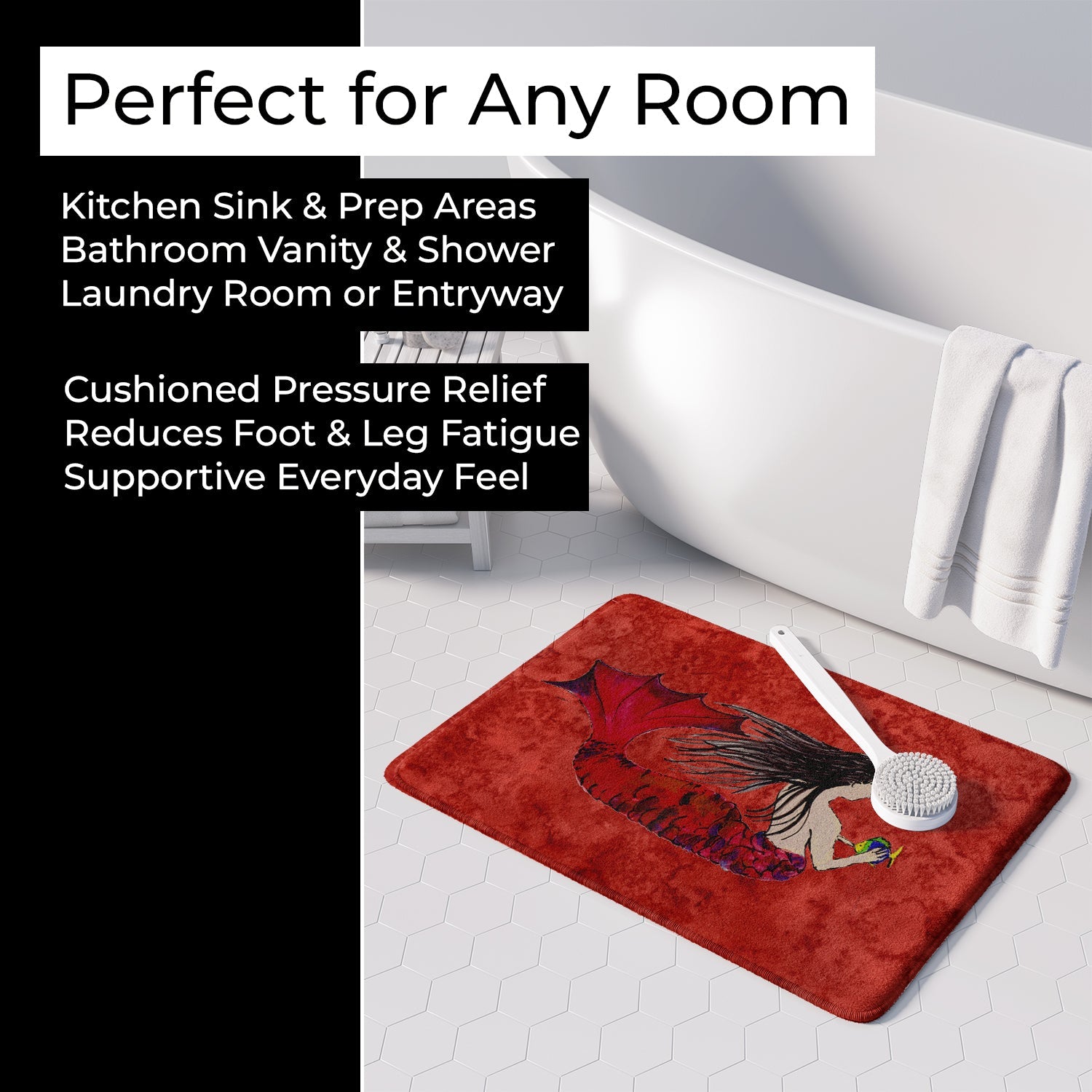 Black Haired Mermaid on Red Memory Foam Kitchen Mat Machine Washable Anti-Fatigue Cushion Comfort Bath or Kitchen Rug