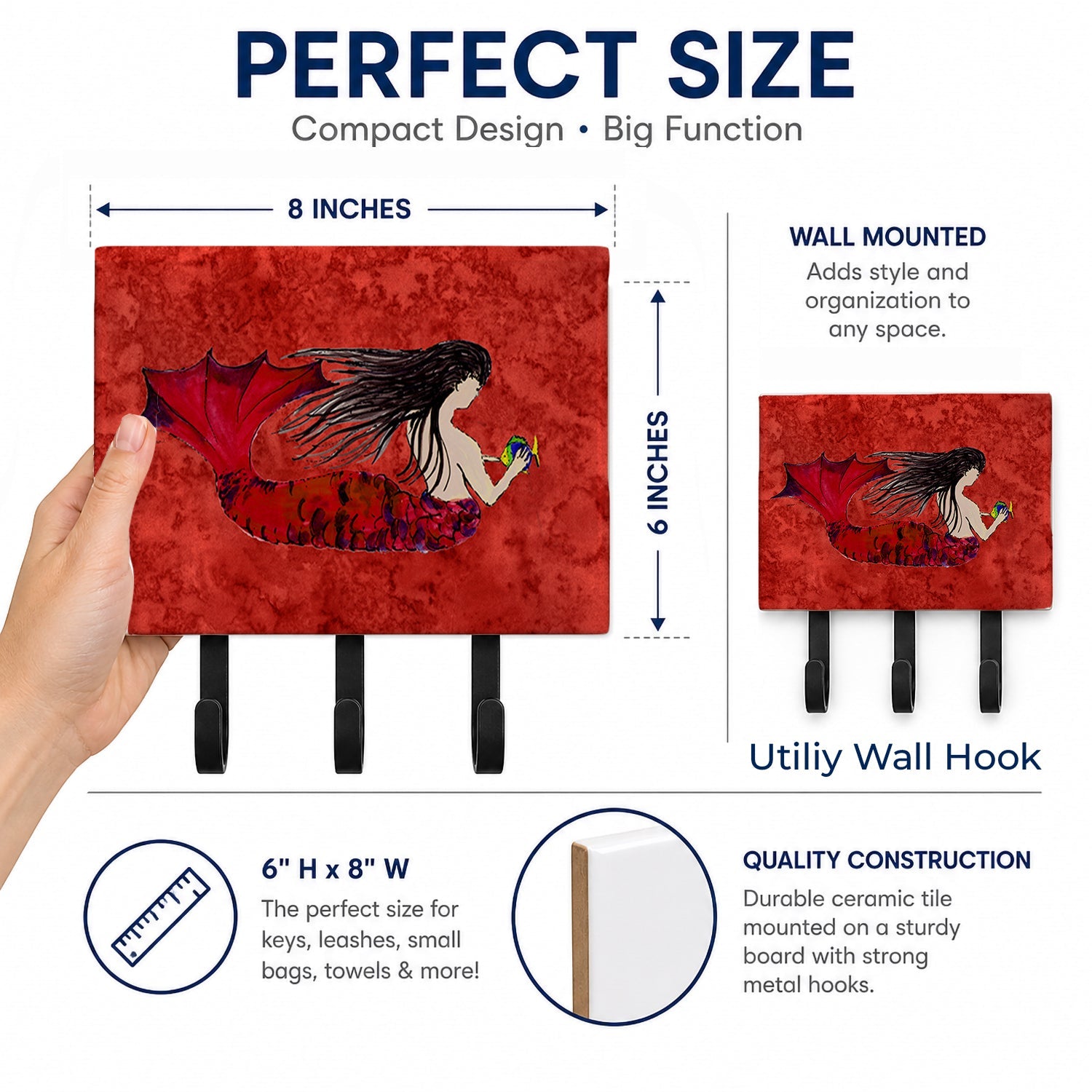 Black Haired Mermaid on Red Leash or Key Holder Wall Hooks, Coat Rack Wall Mount, for Hanging Keys, Towels, Aprons, Leashes