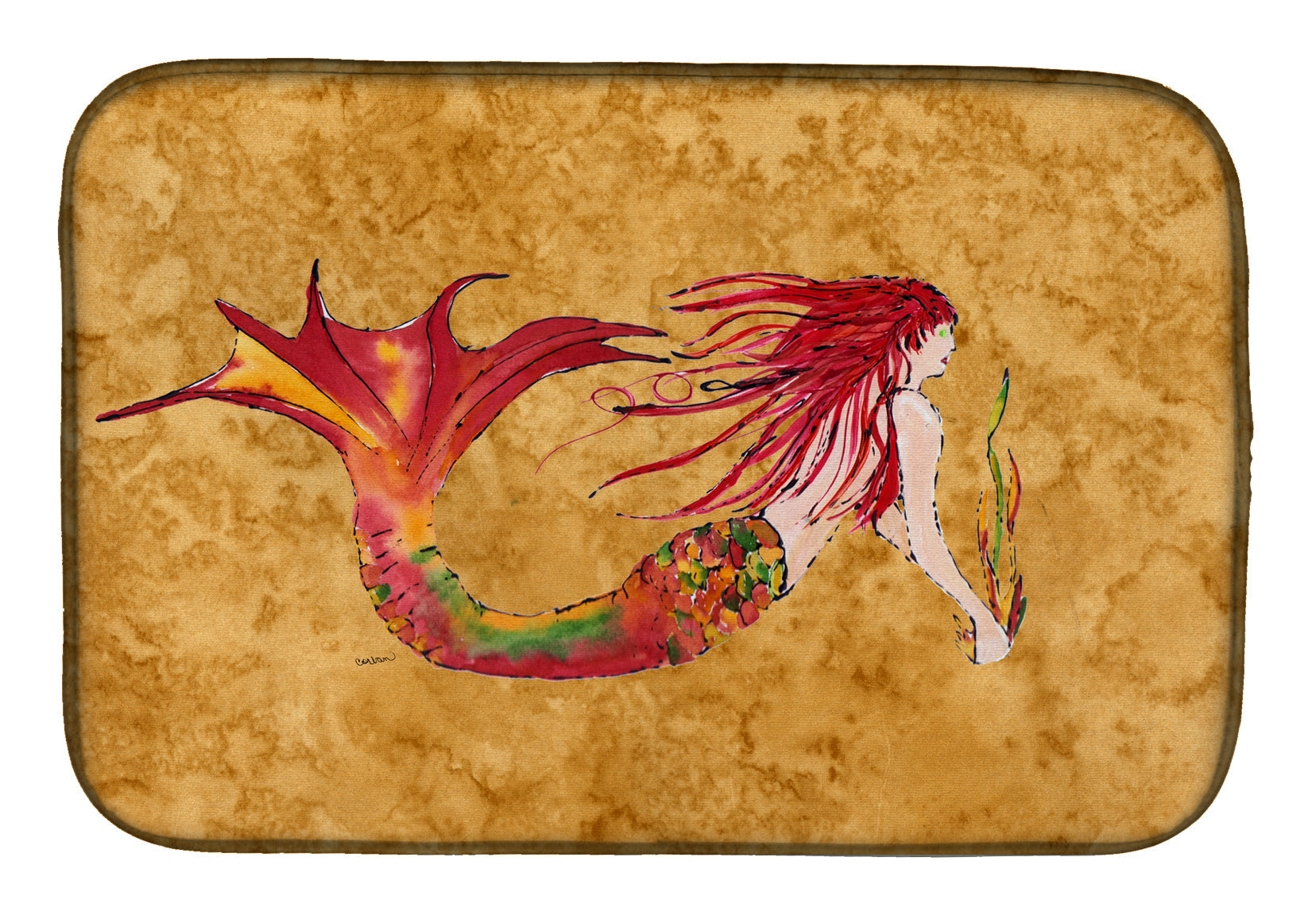 Ginger Red Headed Mermaid on Gold Dish Drying Mat Absorbent Dish Drying Mat Pad for Kitchen Counter Dish Drainer Mat for Countertop, 14 x 21", Multicolor