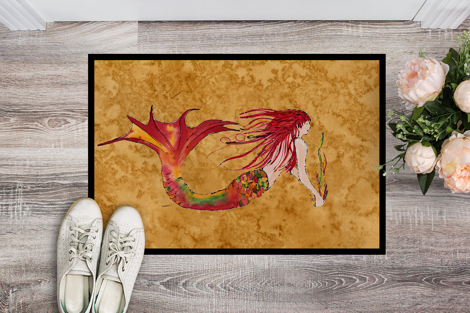 Ginger Red Headed Mermaid on Gold Doormat Indoor Outdoor 24H X 36W Front Door Mat Rugs for Entryway, Non Slip Washable Low Pile,