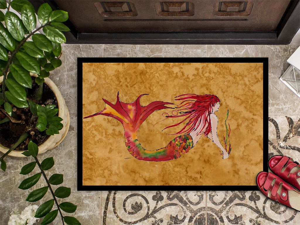 Ginger Red Headed Mermaid on Gold Doormat Indoor Outdoor 24H X 36W Front Door Mat Rugs for Entryway, Non Slip Washable Low Pile,