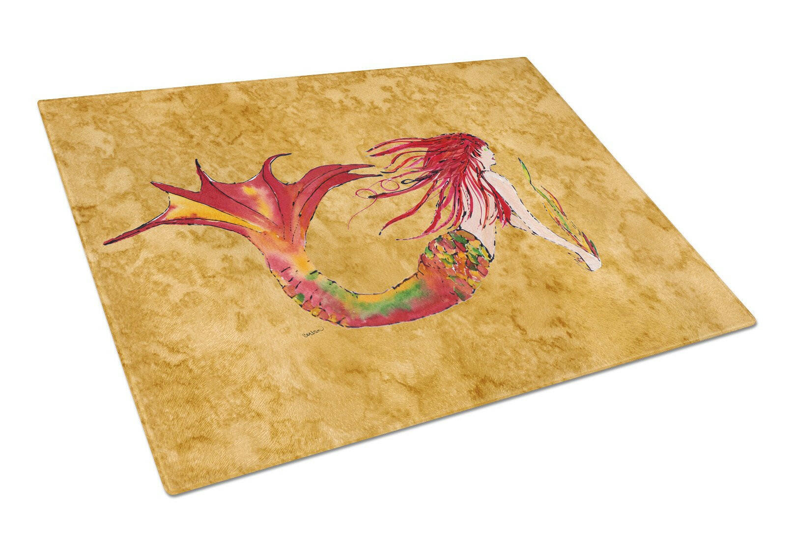Ginger Red Headed Mermaid on Gold Cutting Board Tempered Glass Kitchen Cutting Surface, Heat Resistant Chopping, Non-Slip Feet, Food Prep & Serving