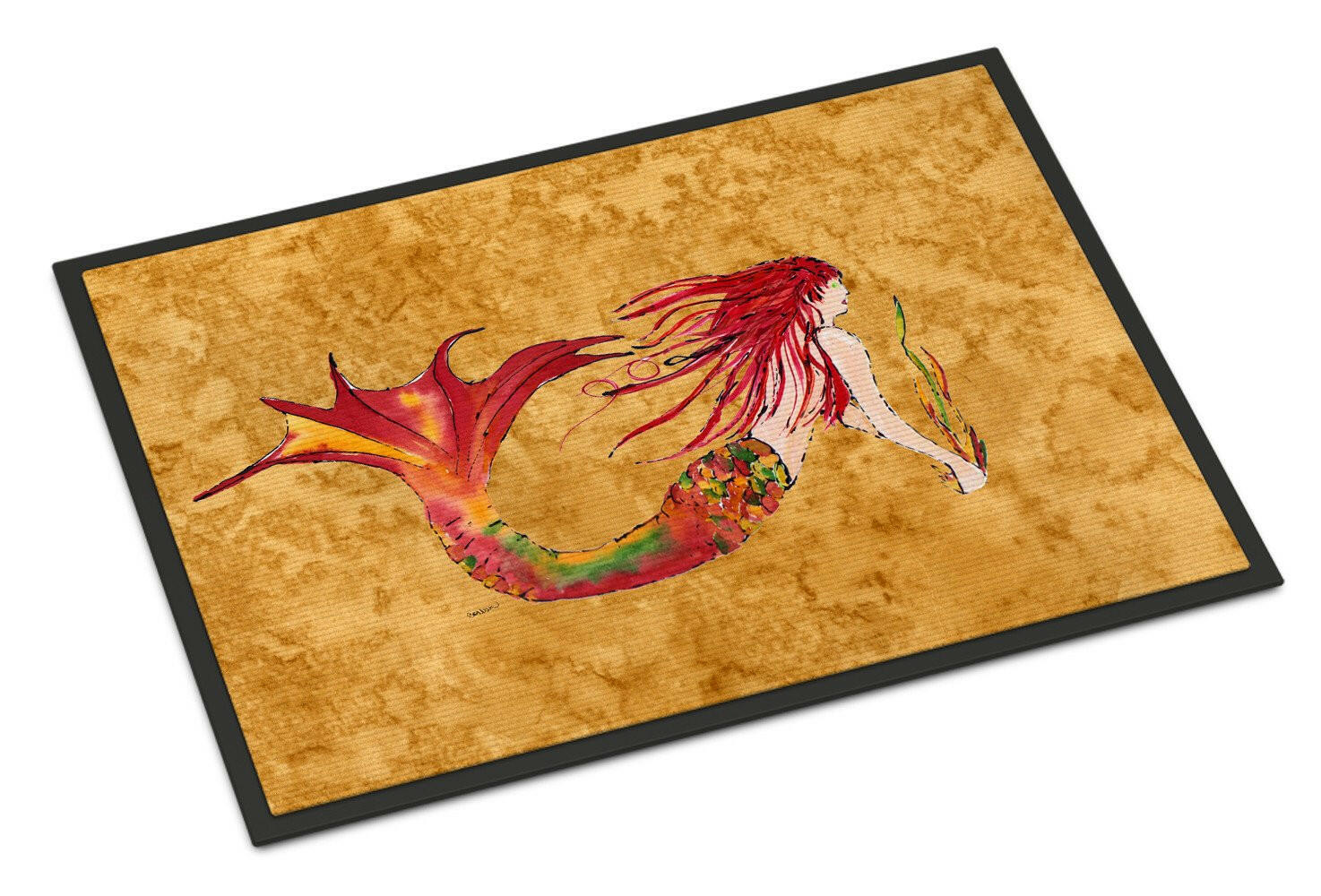 Ginger Red Headed Mermaid on Gold Doormat Indoor Outdoor 18H X 27W Front Door Mat Rugs for Entryway, Non Slip Washable