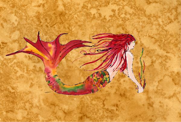 Ginger Red Headed Mermaid on Gold Fabric Placemat Washable Placemat Dinner Table Decor No Ironing Linen Look