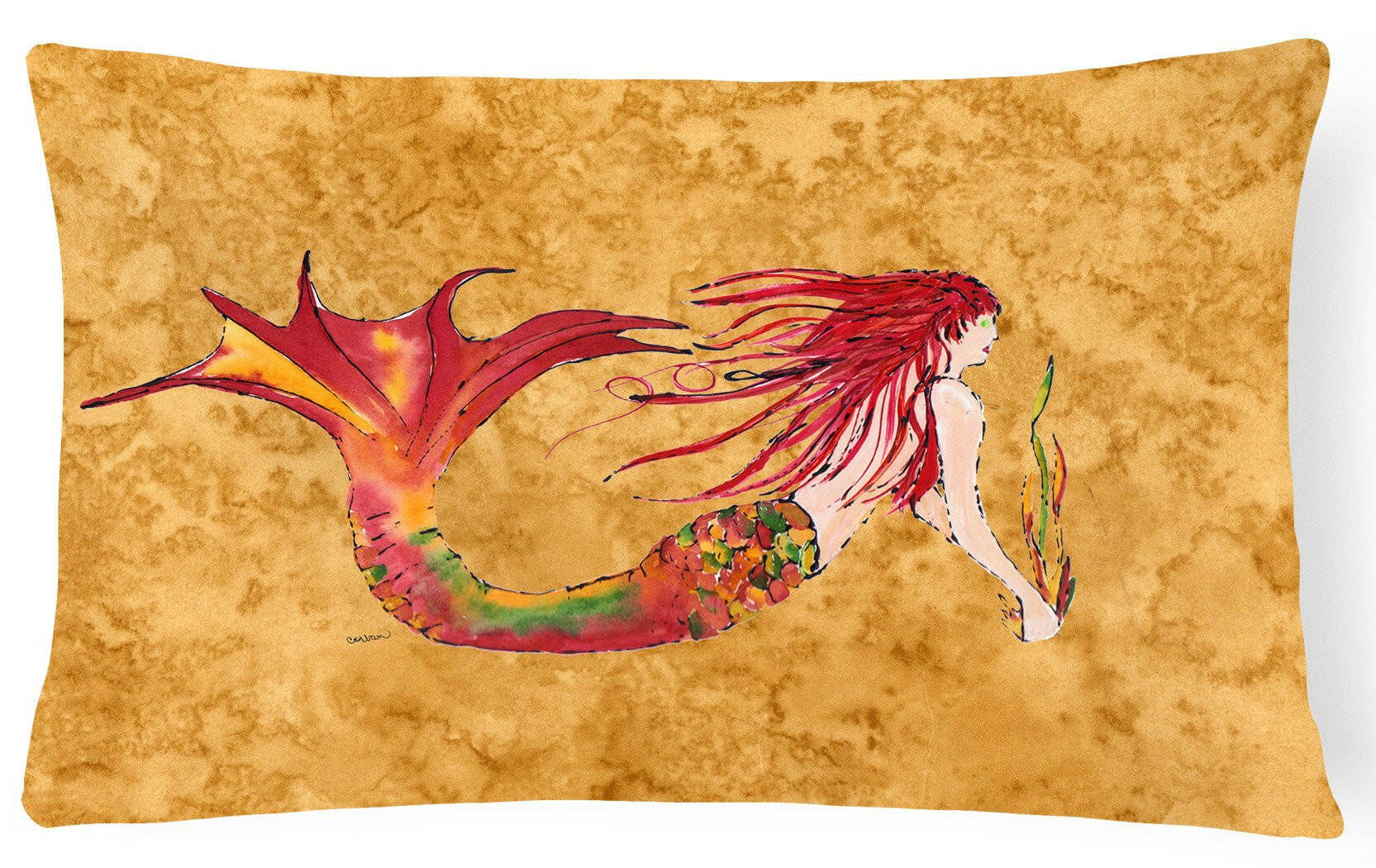 Ginger Red Headed Mermaid on Gold Decorative Throw Pillow 12x16 Indoor Outdoor Accent Cushion, Fabric Cover with Insert for Sofa, Bed, Porch & Living Room