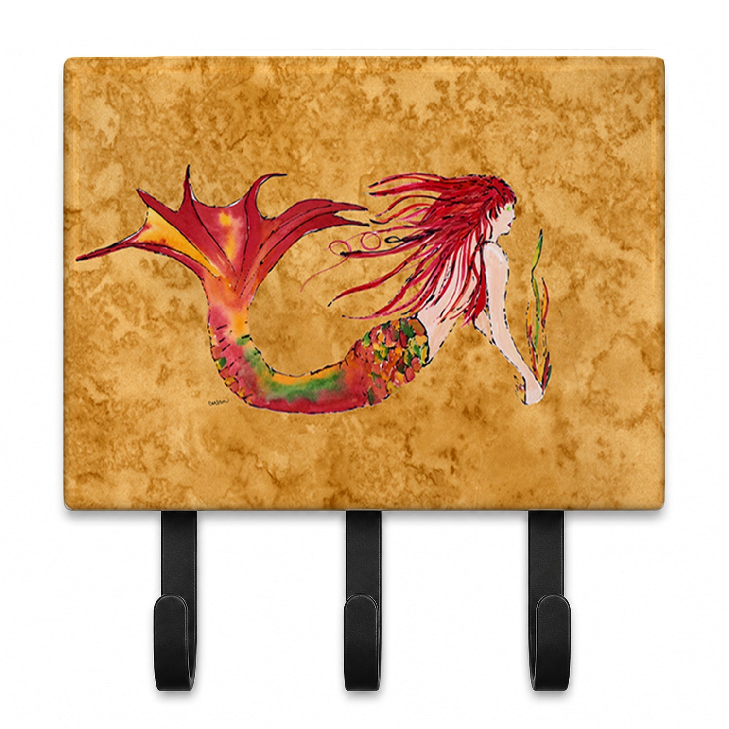 Ginger Red Headed Mermaid on Gold Leash or Key Holder Wall Hooks, Coat Rack Wall Mount, for Hanging Keys, Towels, Aprons, Leashes