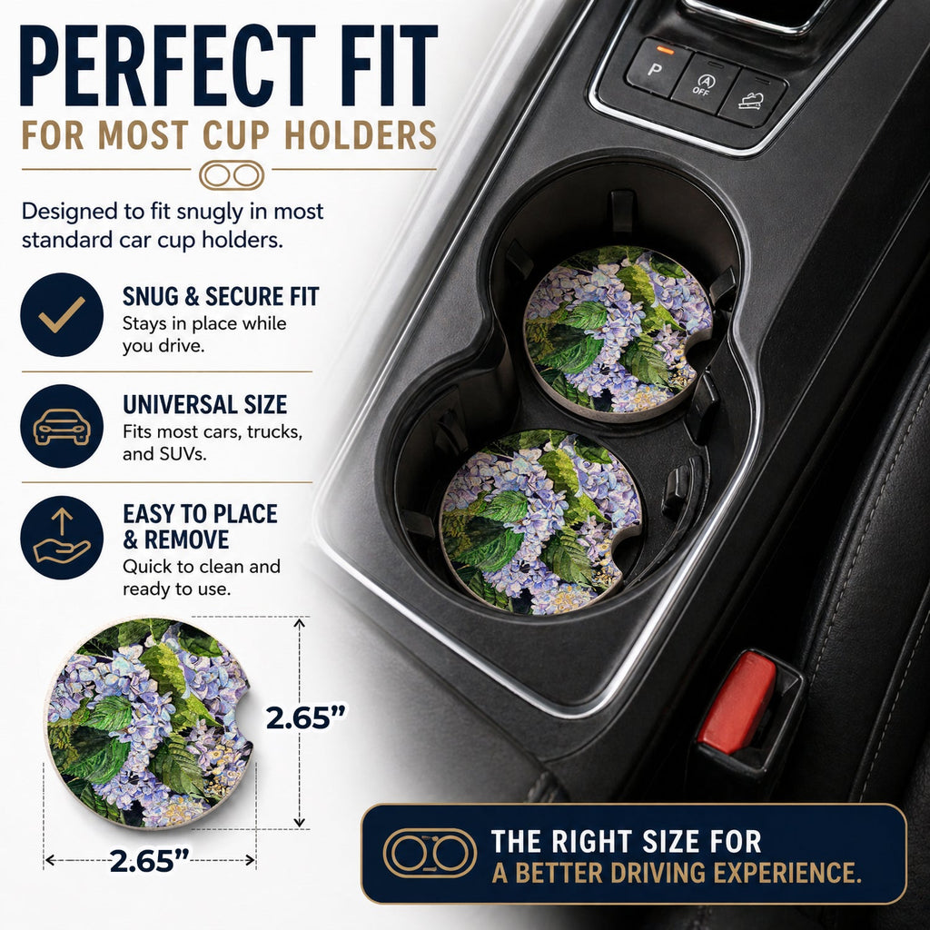 Hydrangea Set of 2 Cup Holder Car Coasters Absorbent Round Sandstone Coasters Gifts for Men or Women, 2.5, Multicolor