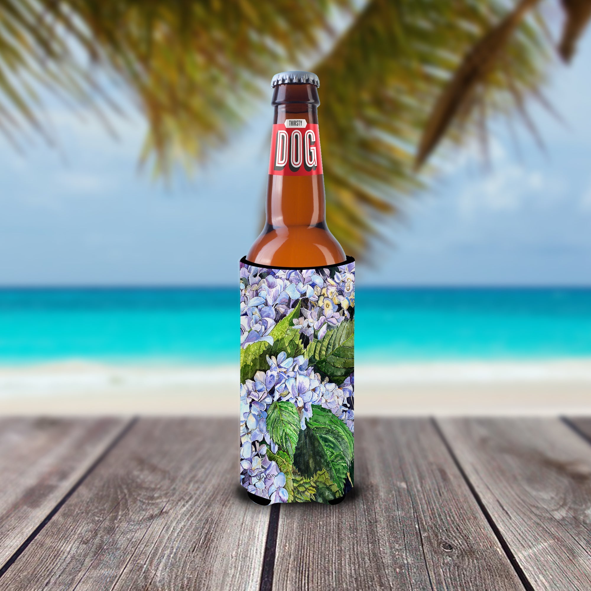 Hydrangea Slim Can Hugger , Insulated Foam Hugger for 12 oz Slim Cans, Beer Bottles & Water Bottles, Printed in USA