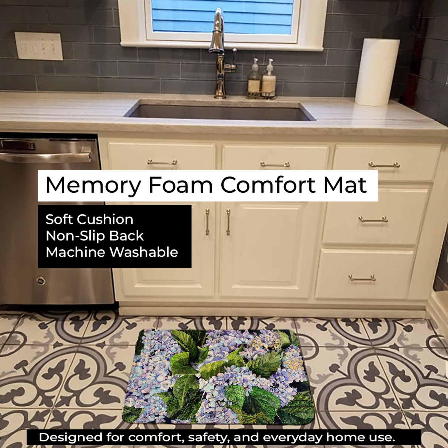 Hydrangea Memory Foam Kitchen Mat Machine Washable Anti-Fatigue Cushion Comfort Bath or Kitchen Rug