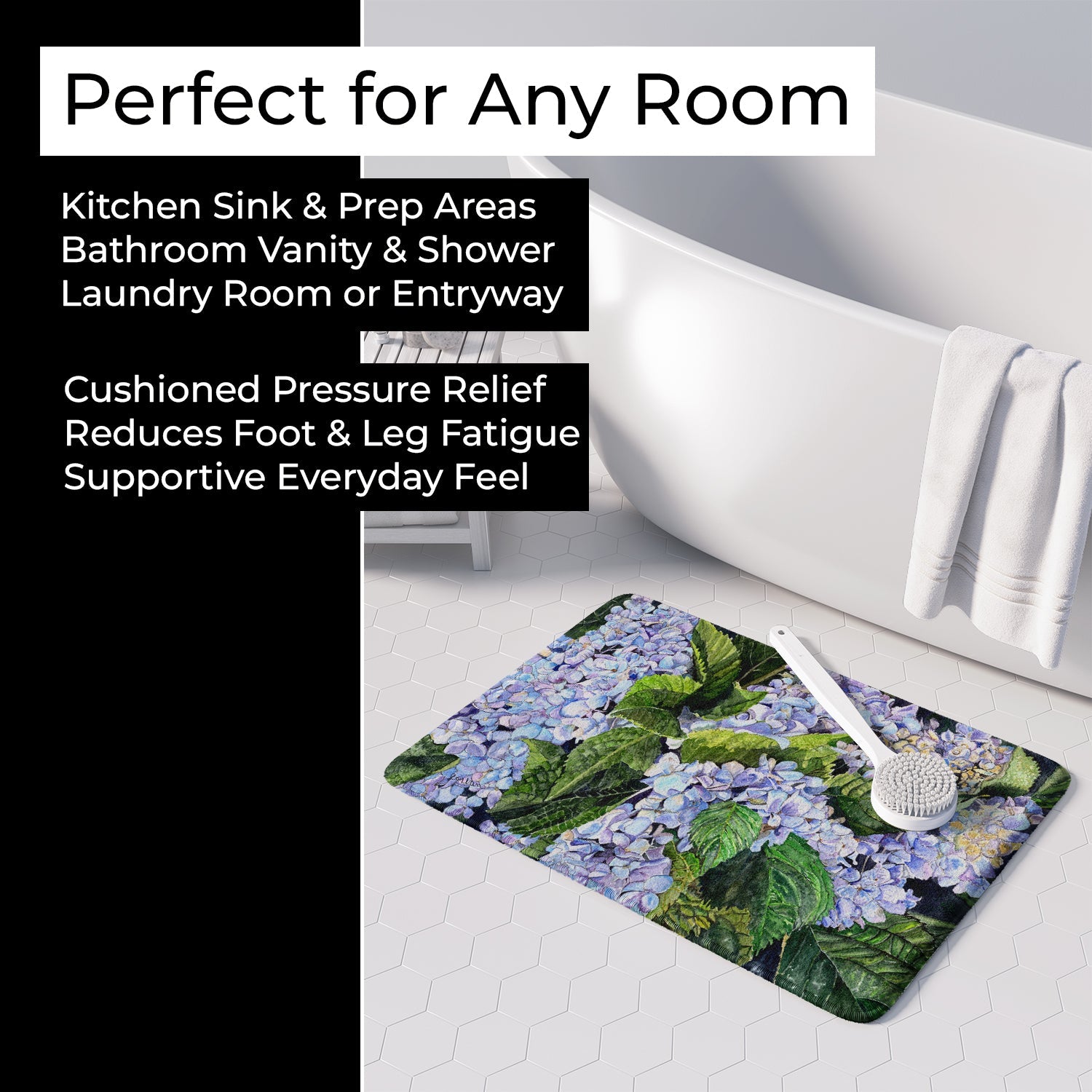 Hydrangea Memory Foam Kitchen Mat Machine Washable Anti-Fatigue Cushion Comfort Bath or Kitchen Rug