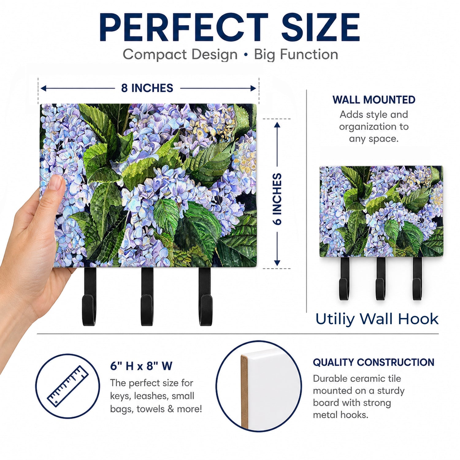 Hydrangea Leash or Key Holder Wall Hooks, Coat Rack Wall Mount, for Hanging Keys, Towels, Aprons, Leashes