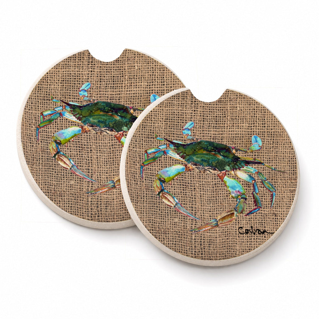 Blue Crab on Faux Burlap Set of 2 Cup Holder Car Coasters Absorbent Round Sandstone Coasters Gifts for Men or Women, 2.5, Multicolor