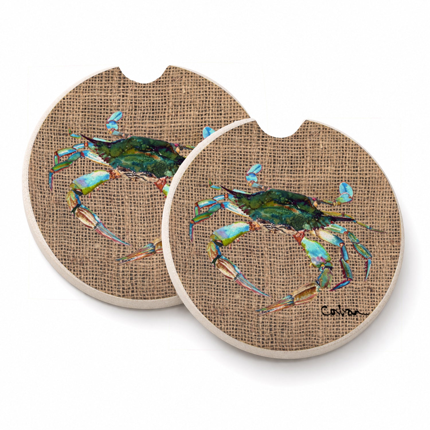 Blue Crab on Faux Burlap Set of 2 Cup Holder Car Coasters Absorbent Round Sandstone Coasters Gifts for Men or Women, 2.5, Multicolor
