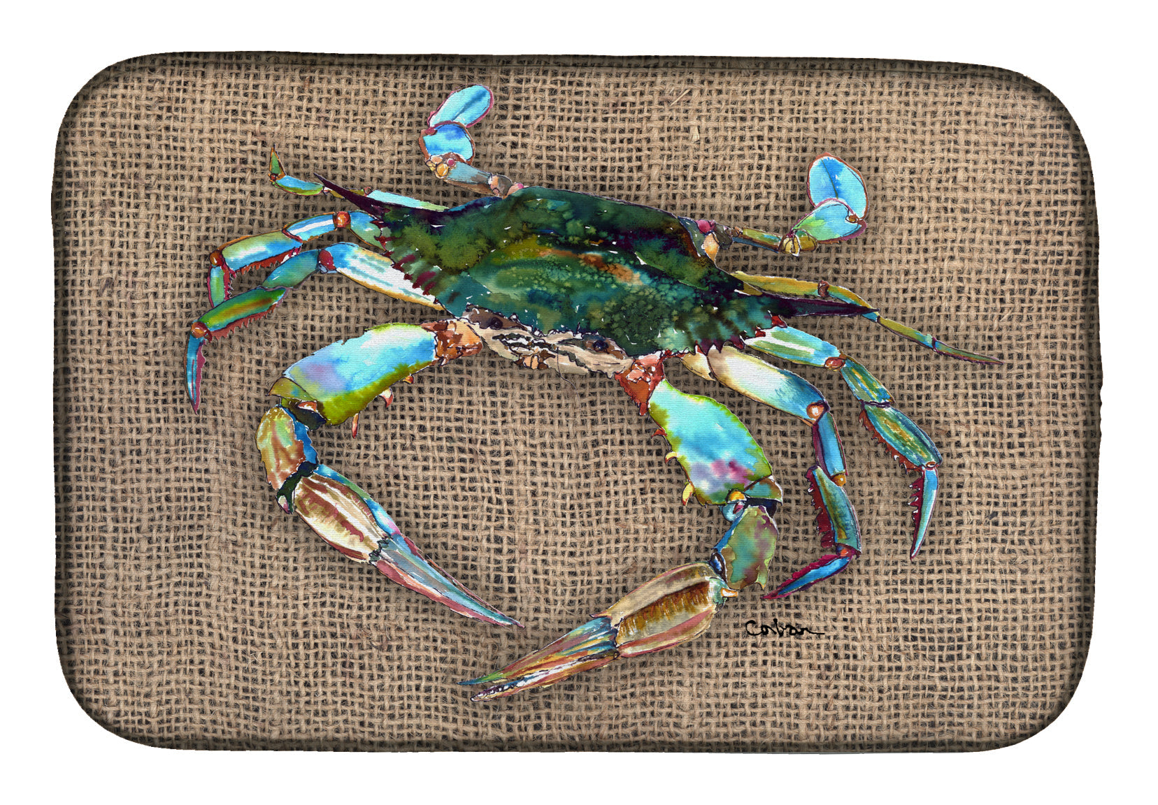 Blue Crab on Faux Burlap Dish Drying Mat Absorbent Dish Drying Mat Pad for Kitchen Counter Dish Drainer Mat for Countertop, 14 x 21", Multicolor