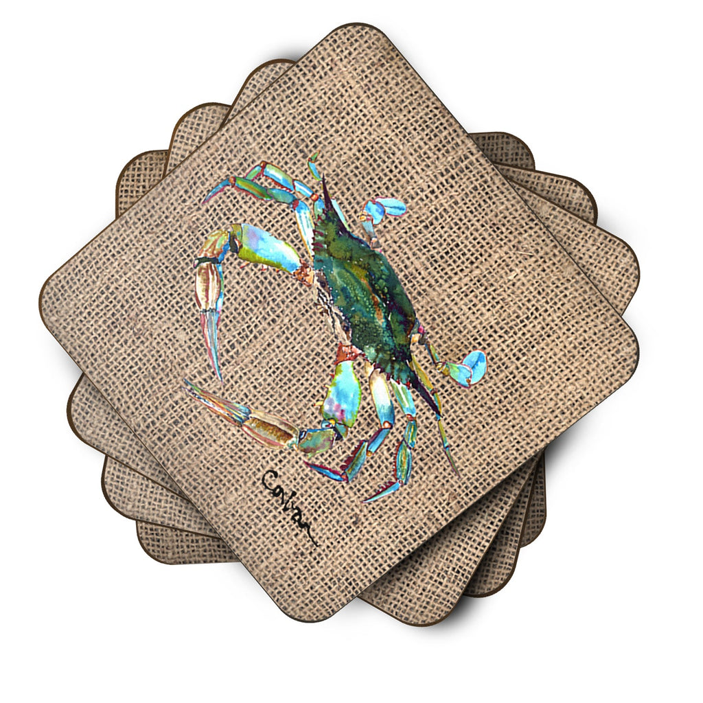 Blue Crab on Faux Burlap Foam Coasters Set of 4 Cup Coasters for Indoor Outdoor, Tabletop Protection, Anti Slip, Mouse pad Material