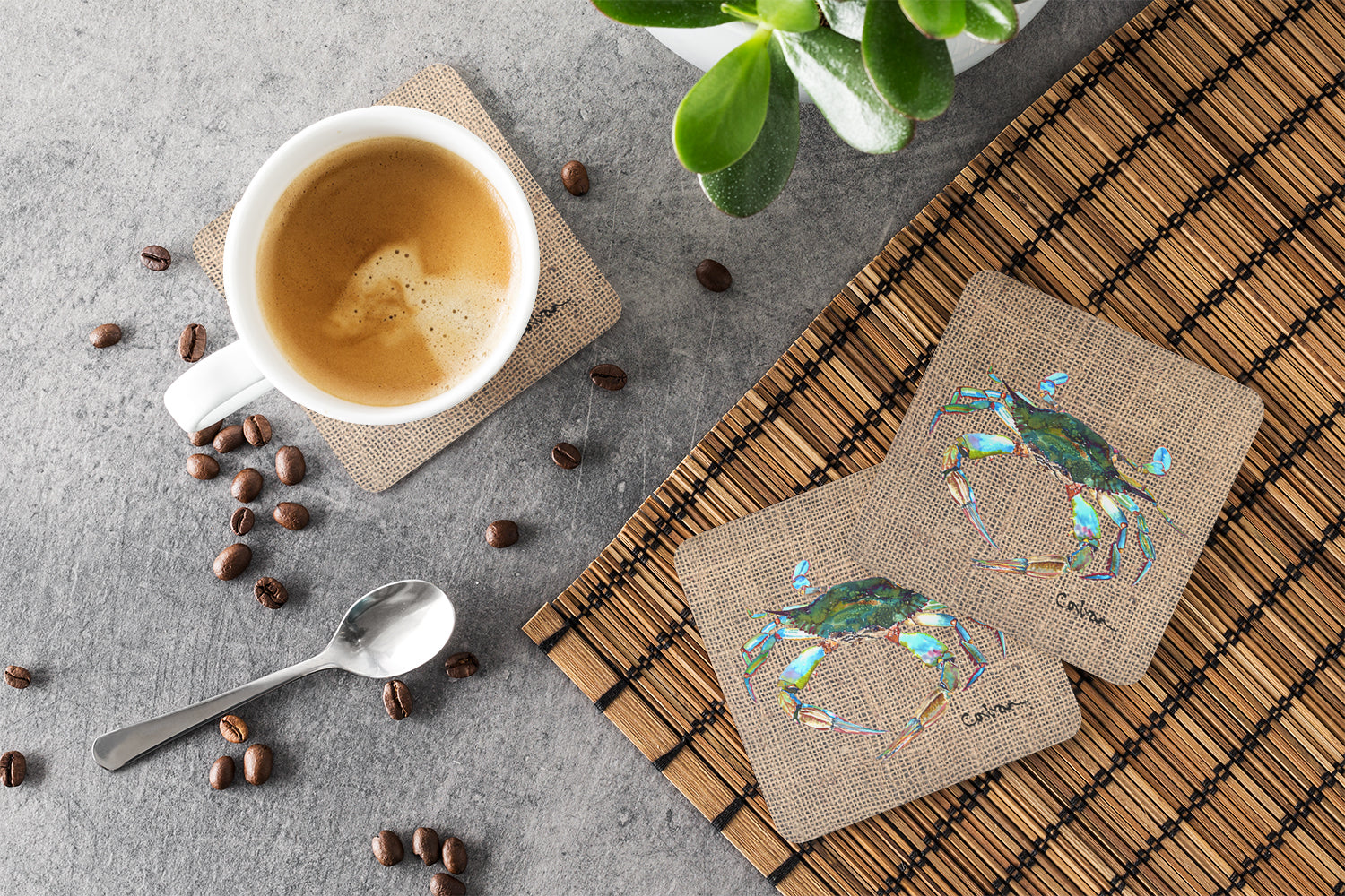 Blue Crab on Faux Burlap Foam Coasters Set of 4 Cup Coasters for Indoor Outdoor, Tabletop Protection, Anti Slip, Mouse pad Material