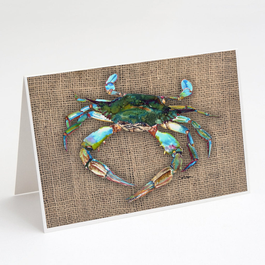 Blue Crab on Faux Burlap Greeting Cards Pack of 8 Blank Cards with Envelopes Whimsical A7 Size 5x7