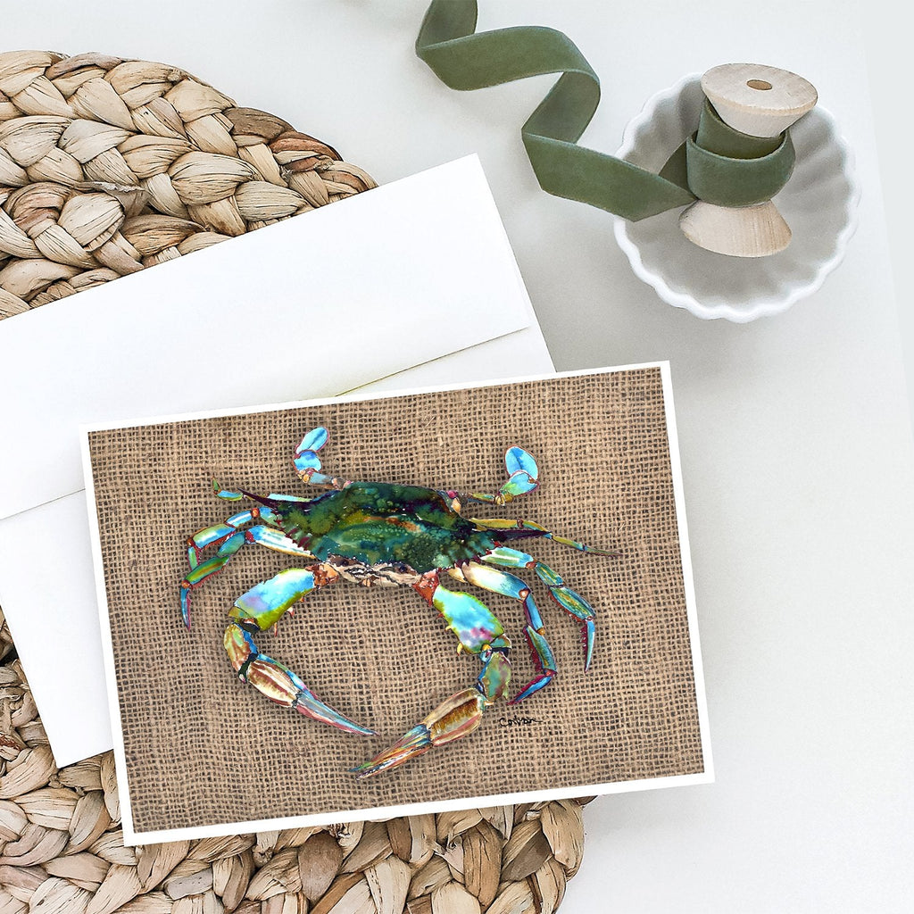 Blue Crab on Faux Burlap Greeting Cards Pack of 8 Blank Cards with Envelopes Whimsical A7 Size 5x7