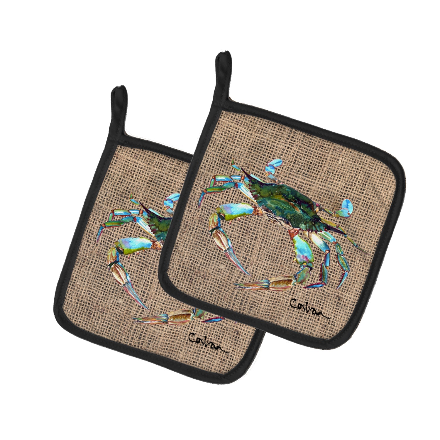 Blue Crab on Faux Burlap Pot Holder Set of 2 Heat Resistant Quilted Hot Pads 7.5 x 7.5 Inch, Insulated Kitchen Trivets for Cooking & Baking