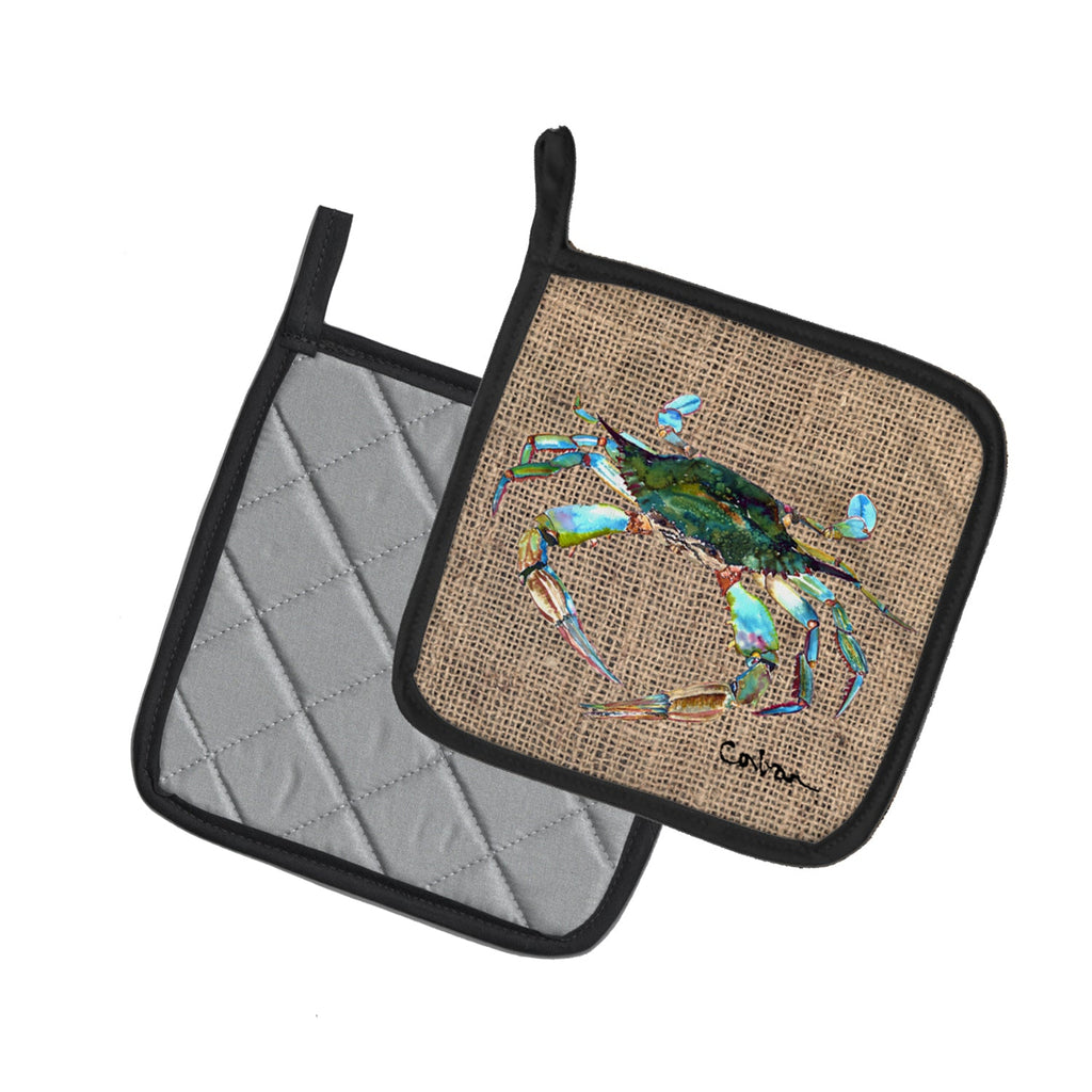Blue Crab on Faux Burlap Pot Holder Set of 2 Heat Resistant Quilted Hot Pads 7.5 x 7.5 Inch, Insulated Kitchen Trivets for Cooking & Baking