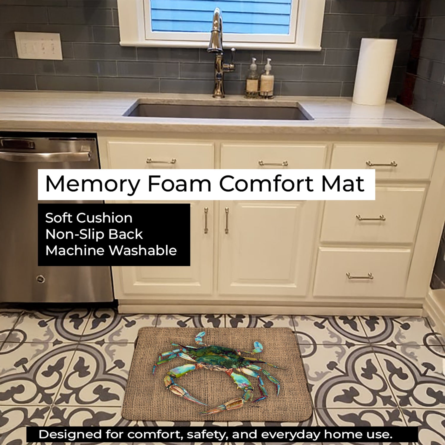 Blue Crab on Faux Burlap Memory Foam Kitchen Mat Machine Washable Anti-Fatigue Cushion Comfort Bath or Kitchen Rug
