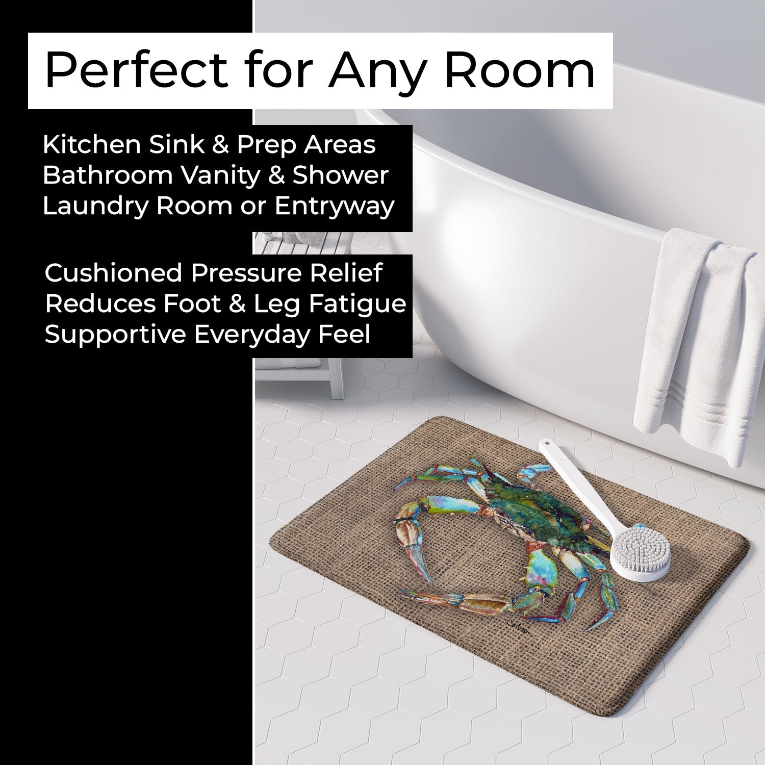 Blue Crab on Faux Burlap Memory Foam Kitchen Mat Machine Washable Anti-Fatigue Cushion Comfort Bath or Kitchen Rug