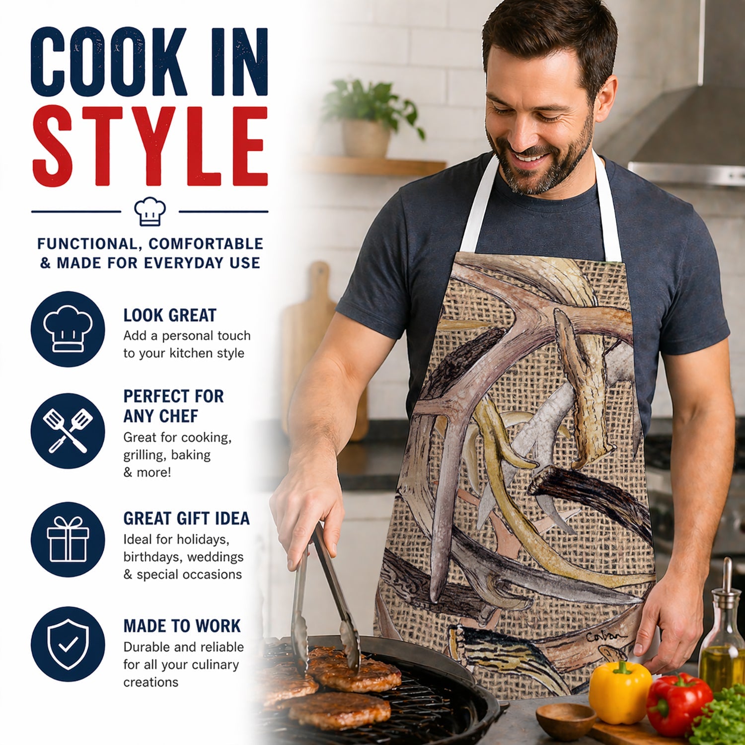Deer Horns Apron Cooking Kitchen Server Baking Crafts Gardening for Adult Women Men, Unisex, Large, Multicolor