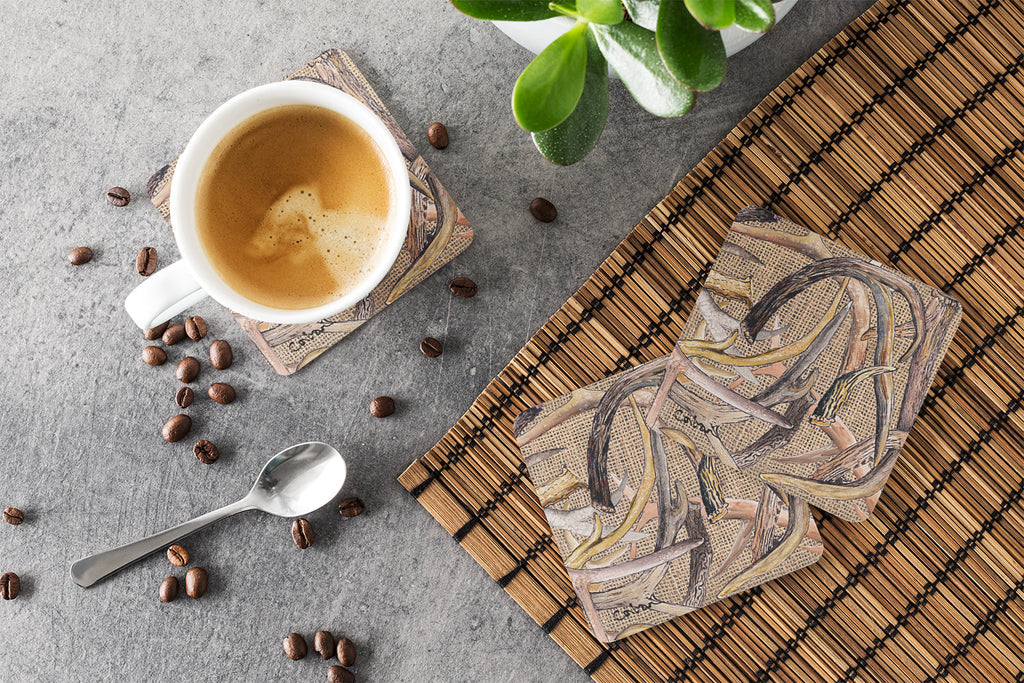 Deer Horns Foam Coasters Set of 4 Cup Coasters for Indoor Outdoor, Tabletop Protection, Anti Slip, Mouse pad Material