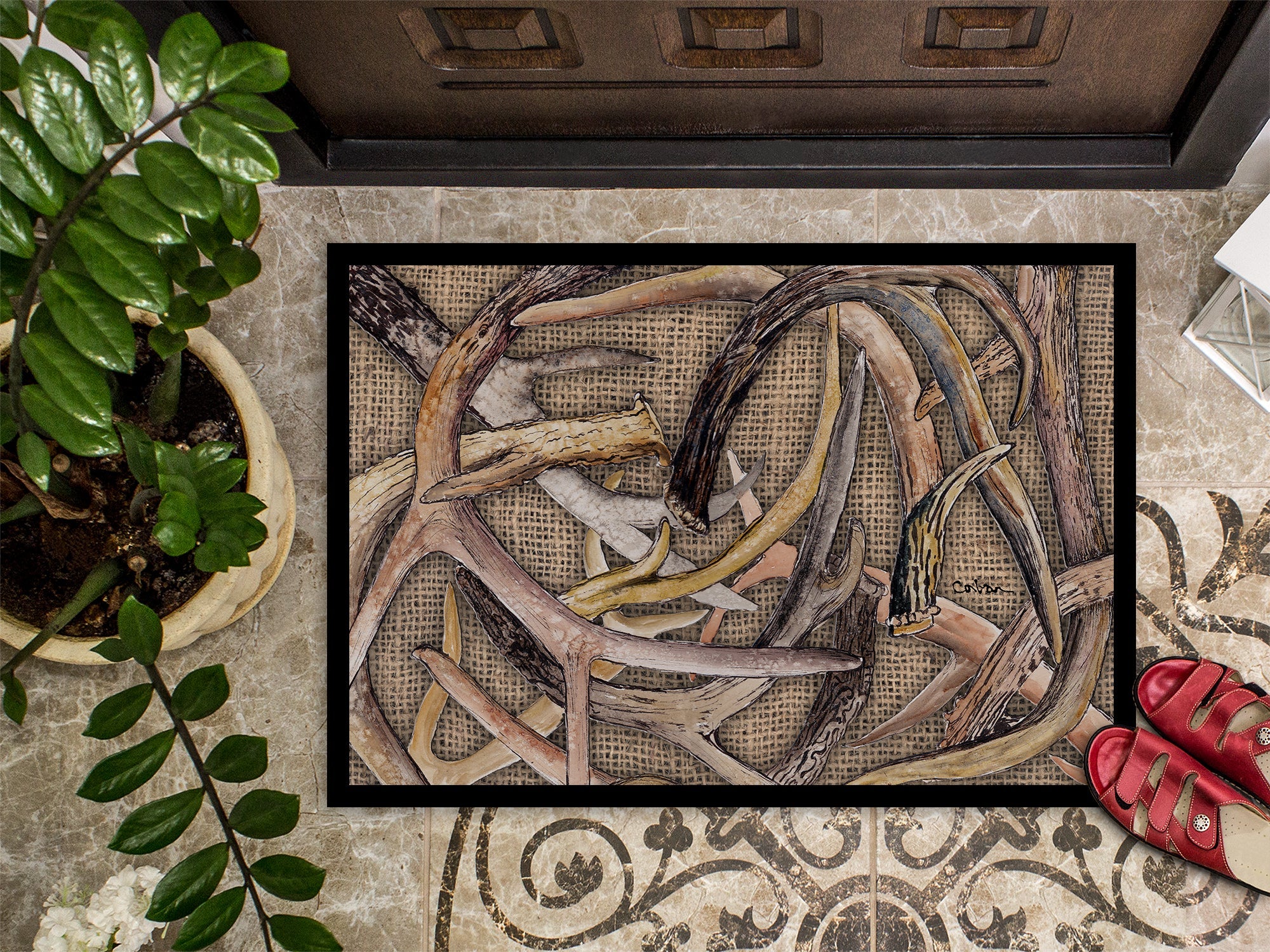 Deer Horns Doormat Indoor Outdoor 24H X 36W Front Door Mat Rugs for Entryway, Non Slip Washable Low Pile,