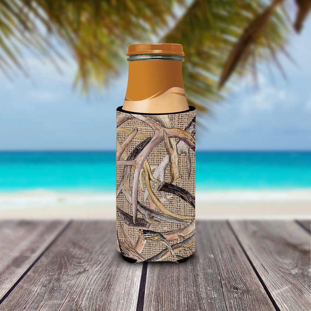 Deer Horns Slim Can Hugger , Insulated Foam Hugger for 12 oz Slim Cans, Beer Bottles & Water Bottles, Printed in USA