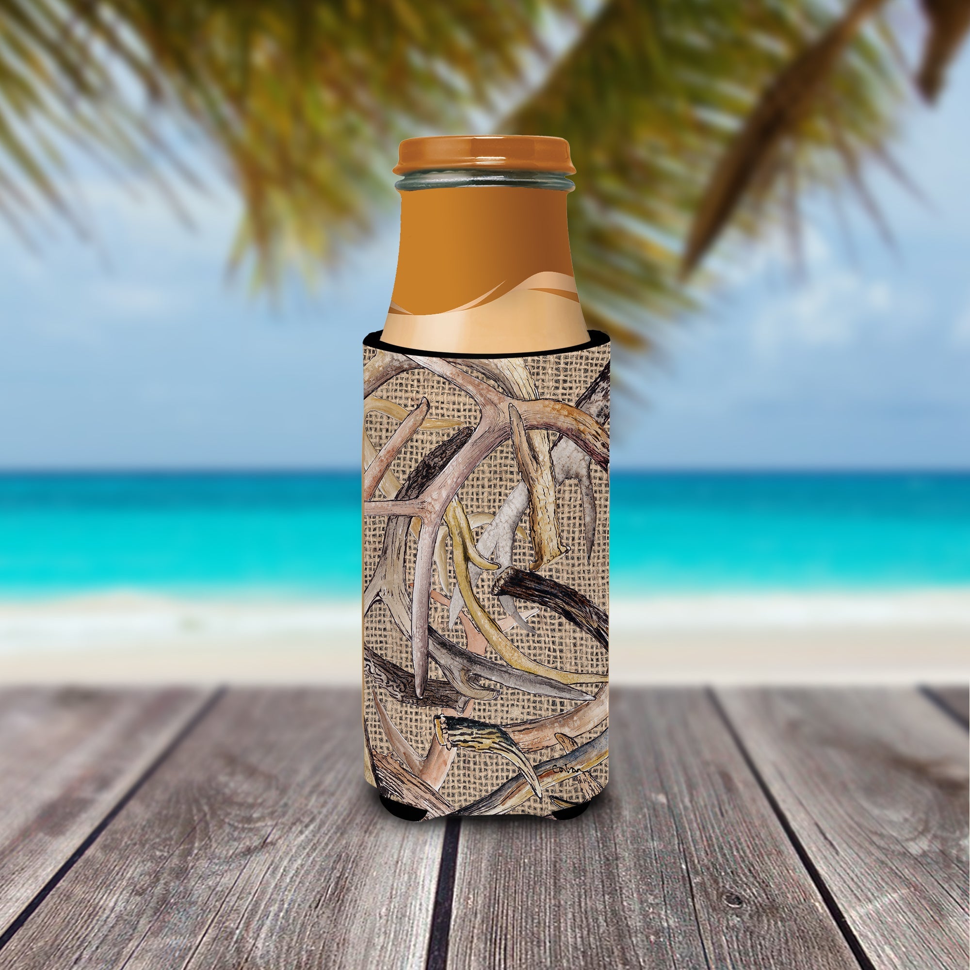 Deer Horns Slim Can Hugger , Insulated Foam Hugger for 12 oz Slim Cans, Beer Bottles & Water Bottles, Printed in USA