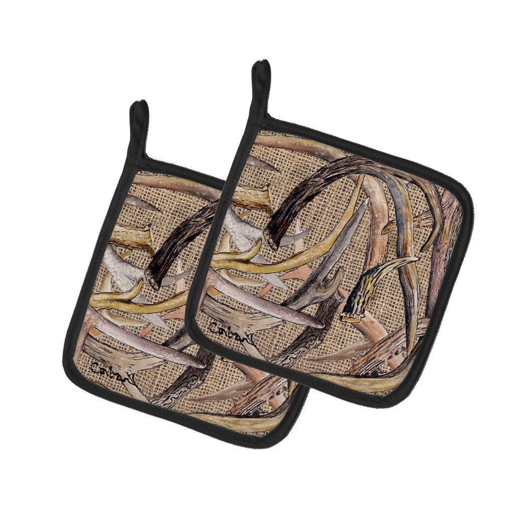 Deer Horns Pot Holder Set of 2 Heat Resistant Quilted Hot Pads 7.5 x 7.5 Inch, Insulated Kitchen Trivets for Cooking & Baking