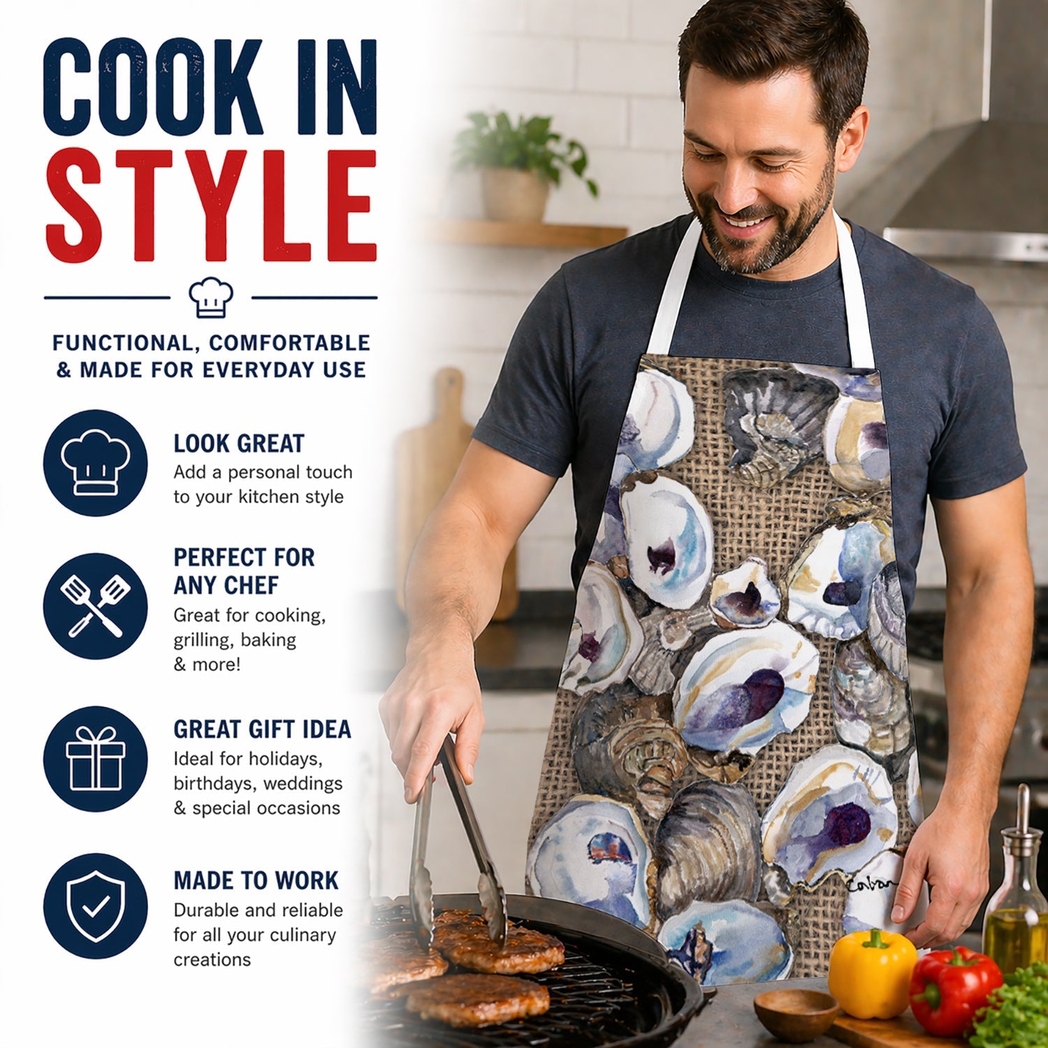 Oyster Apron Cooking Kitchen Server Baking Crafts Gardening for Adult Women Men, Unisex, Large, Multicolor