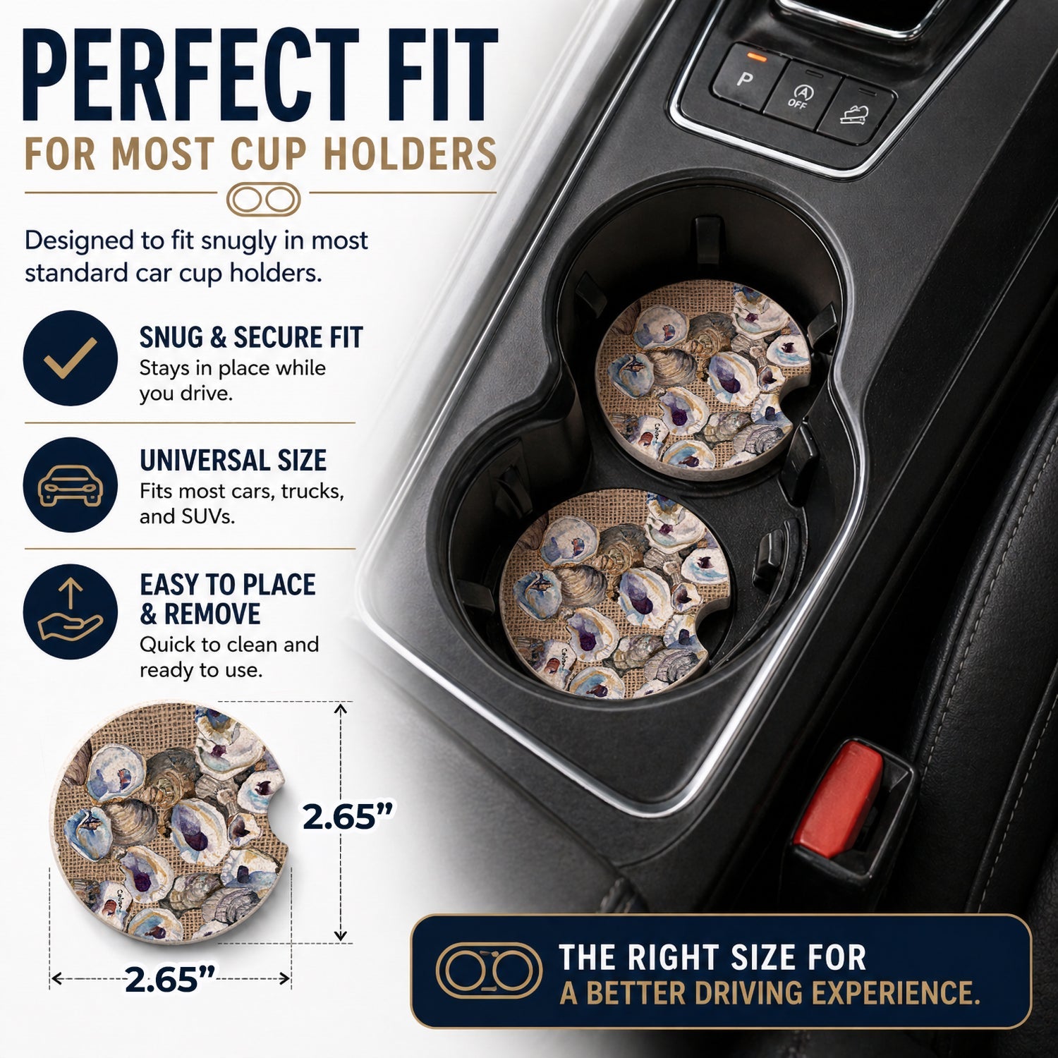 Oyster Set of 2 Cup Holder Car Coasters Absorbent Round Sandstone Coasters Gifts for Men or Women, 2.5, Multicolor