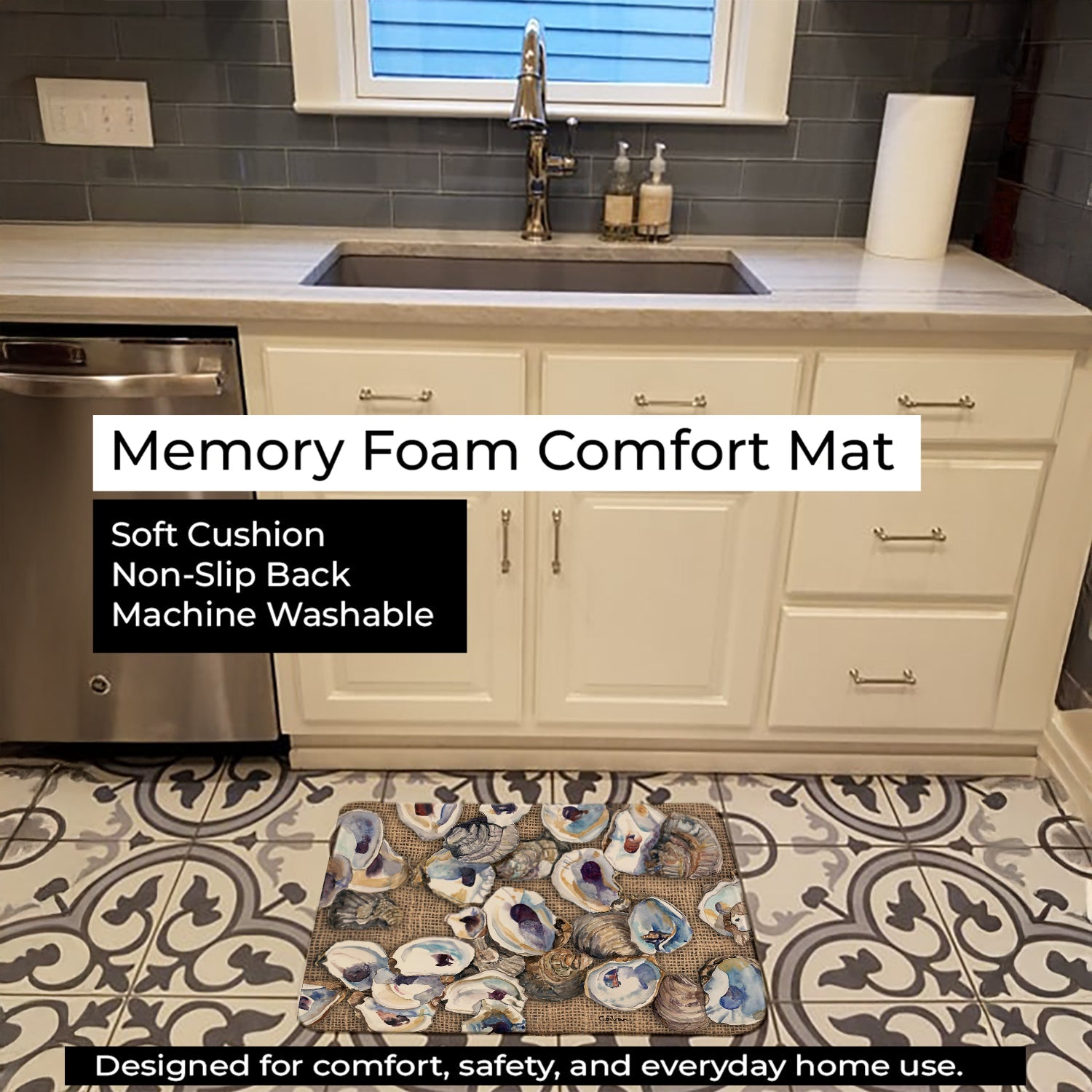 Oyster Memory Foam Kitchen Mat Machine Washable Anti-Fatigue Cushion Comfort Bath or Kitchen Rug