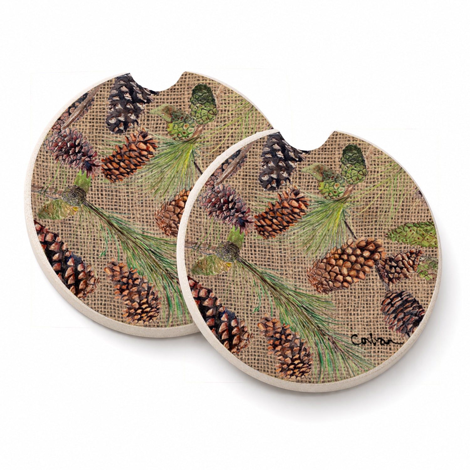 Pine Cones Set of 2 Cup Holder Car Coasters Absorbent Round Sandstone Coasters Gifts for Men or Women, 2.5, Multicolor