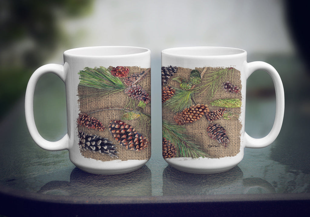 Pine Cones Ceramic Coffee Mug 15 oz Decorative Large C Handle Mug Cup for Tea, Cocoa Hot Chocolate