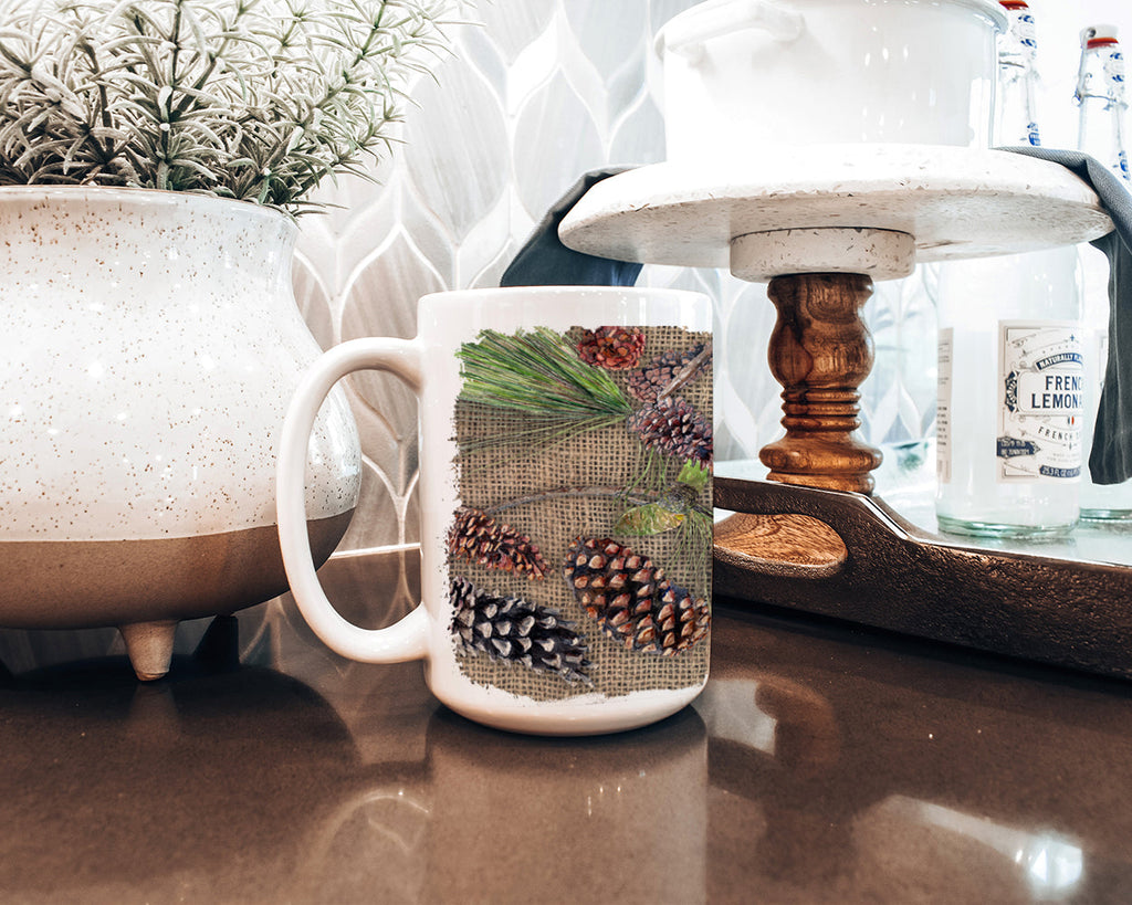 Pine Cones Ceramic Coffee Mug 15 oz Decorative Large C Handle Mug Cup for Tea, Cocoa Hot Chocolate