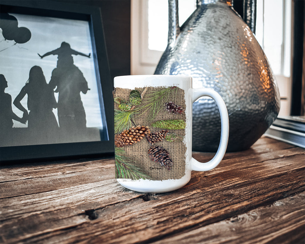 Pine Cones Ceramic Coffee Mug 15 oz Decorative Large C Handle Mug Cup for Tea, Cocoa Hot Chocolate
