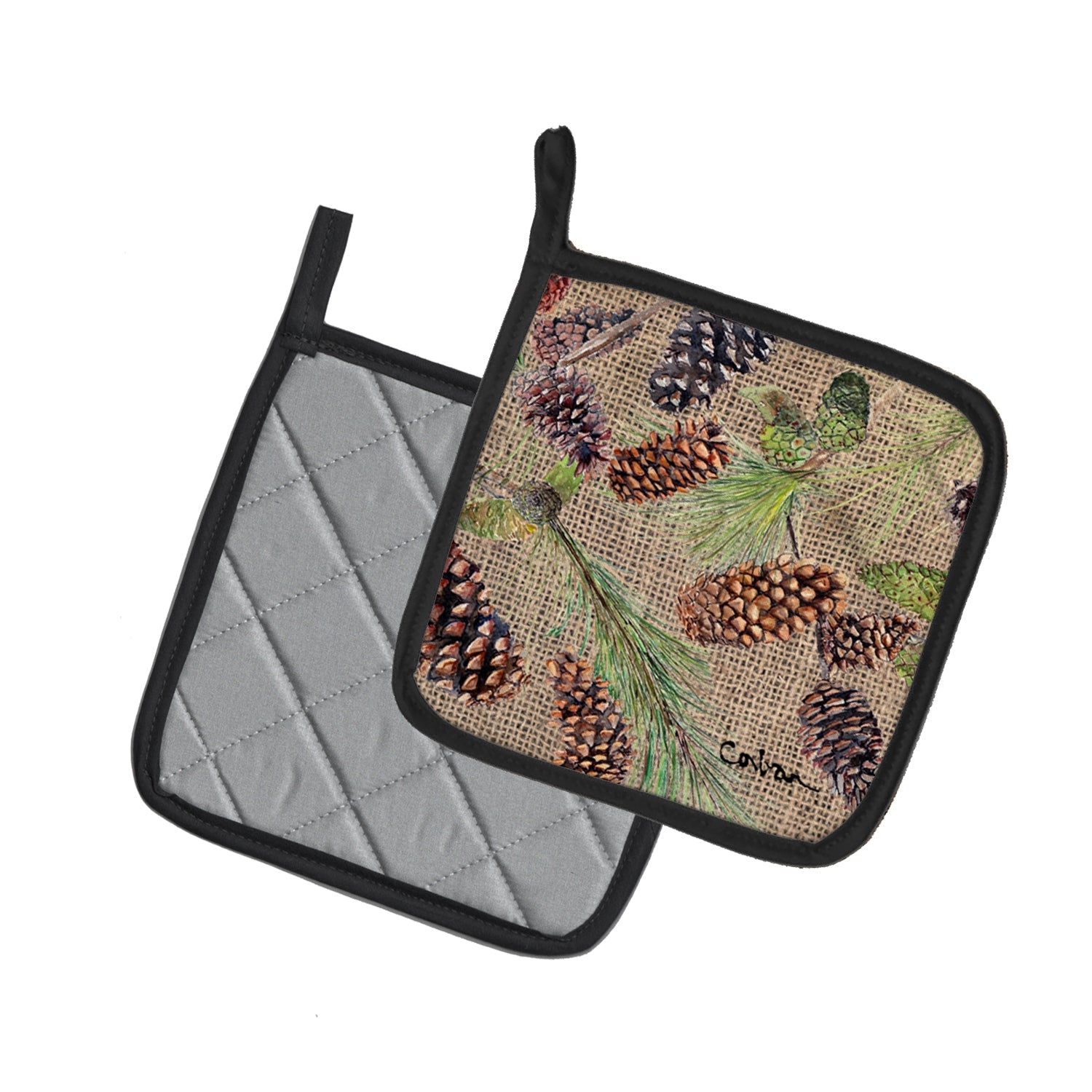 Pine Cones Pot Holder Set of 2 Heat Resistant Quilted Hot Pads 7.5 x 7.5 Inch, Insulated Kitchen Trivets for Cooking & Baking