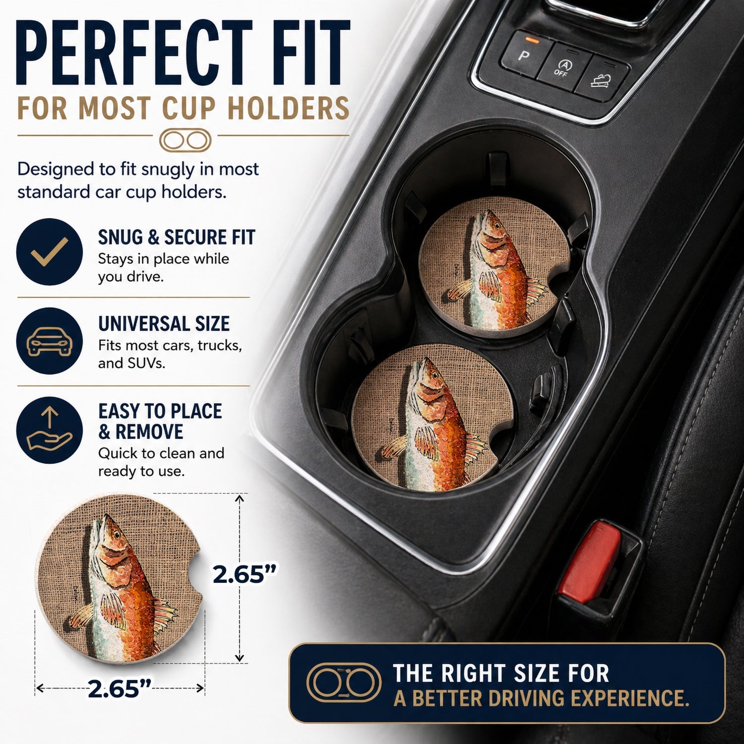 Red Fish Set of 2 Cup Holder Car Coasters Absorbent Round Sandstone Coasters Gifts for Men or Women, 2.5, Multicolor