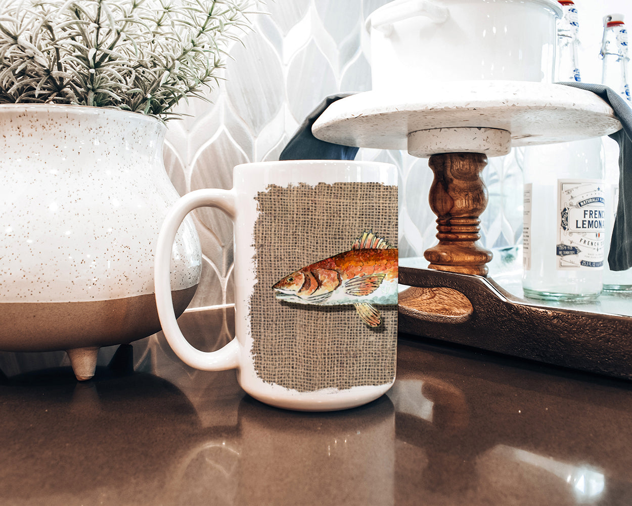 Red Fish Ceramic Coffee Mug 15 oz Decorative Large C Handle Mug Cup for Tea, Cocoa Hot Chocolate