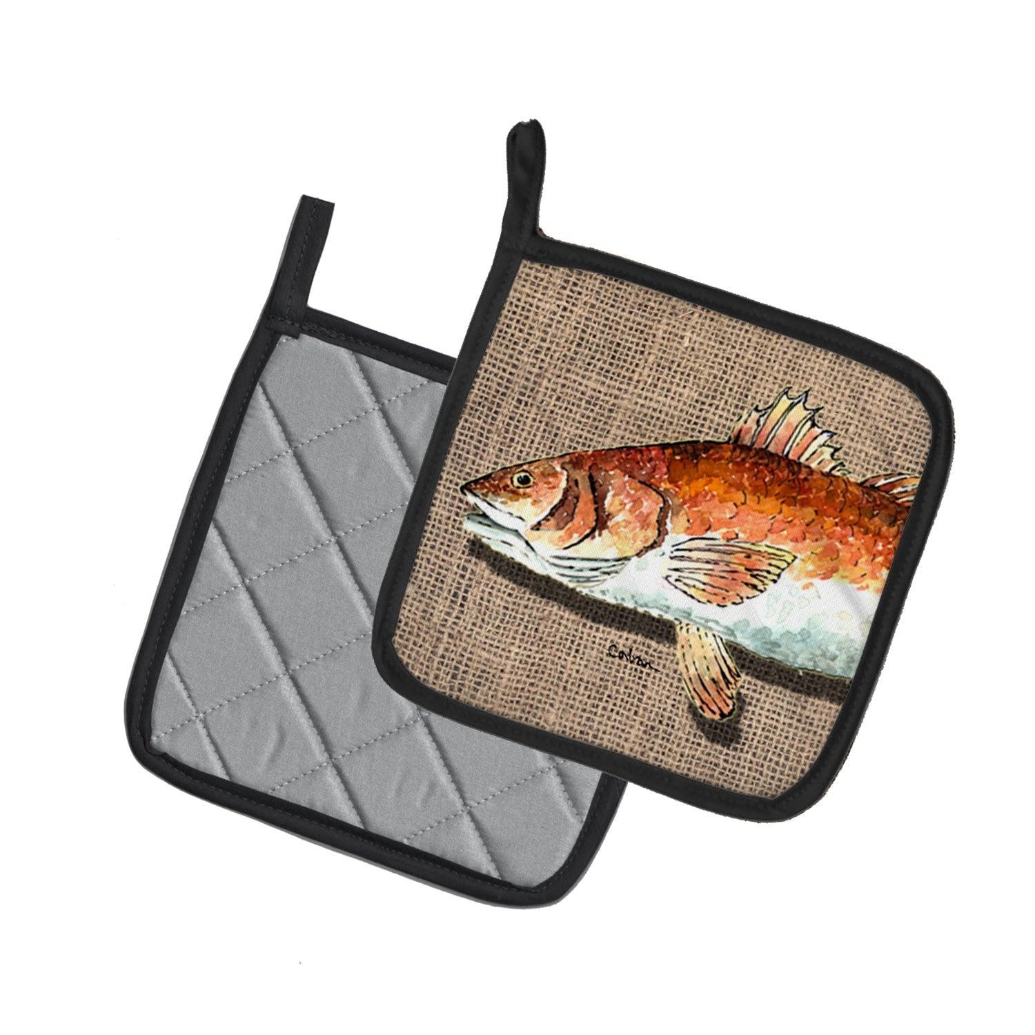 Red Fish Pot Holder Set of 2 Heat Resistant Quilted Hot Pads 7.5 x 7.5 Inch, Insulated Kitchen Trivets for Cooking & Baking