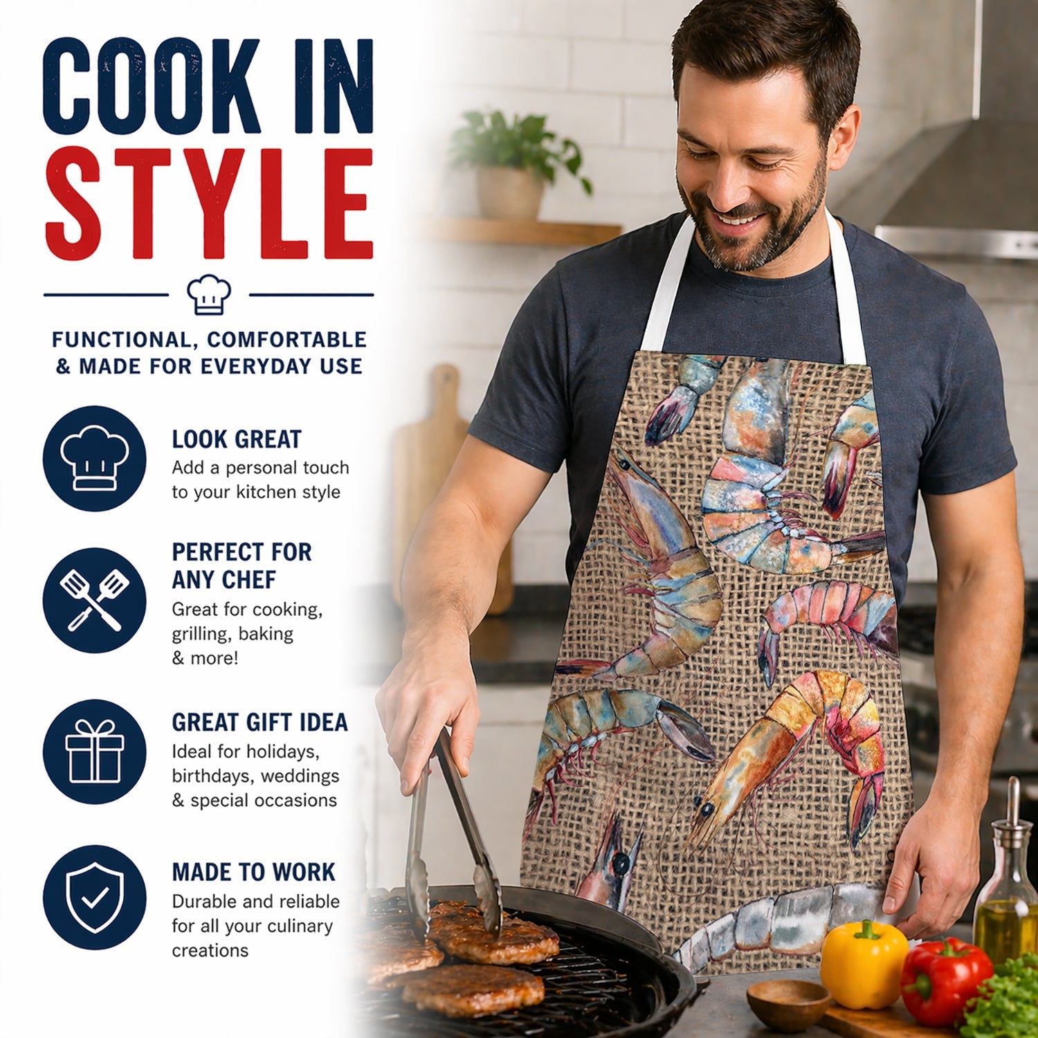 Shrimp Apron Cooking Kitchen Server Baking Crafts Gardening for Adult Women Men, Unisex, Large, Multicolor